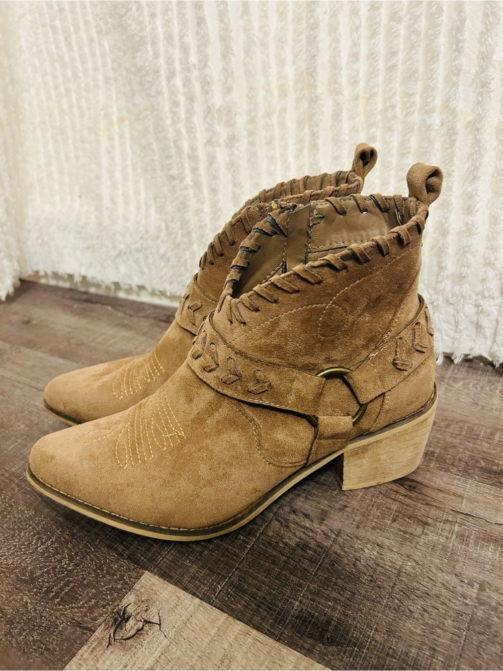Altar'd State Taupe Brown Ankle Booties Western Boho Embroidered Suede Look